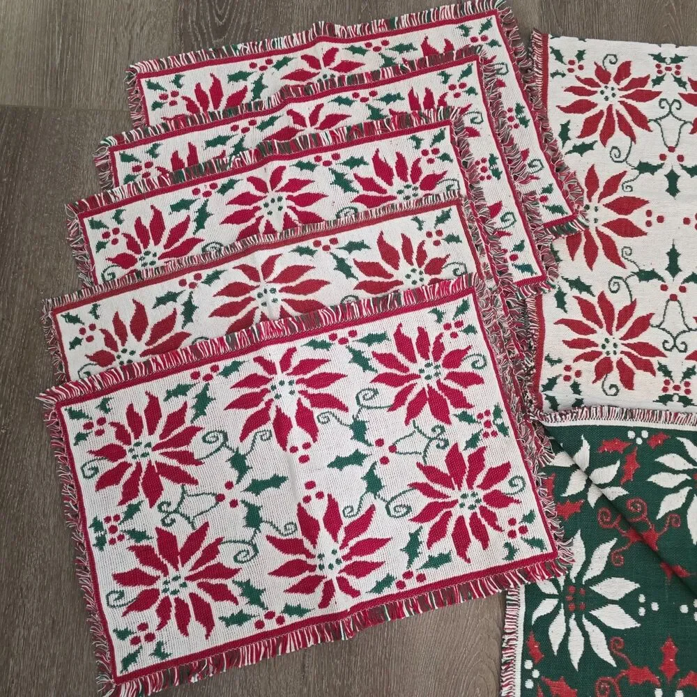 Vintage Poinsettia & Holly Woven Reversible Christmas Placemats Table Runner